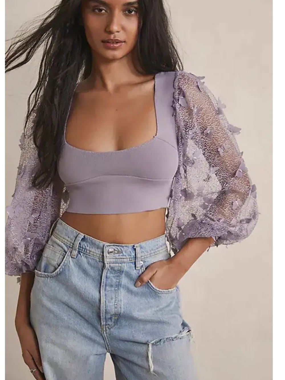 Free People Lavender Square-Neck Flutter Crop Top size Medium
